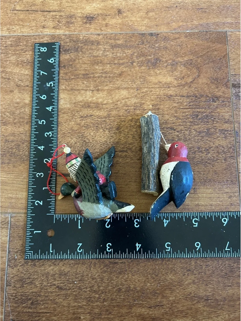 Hand-Carved Wooden Bird and Santa on Duck Christmas Ornaments